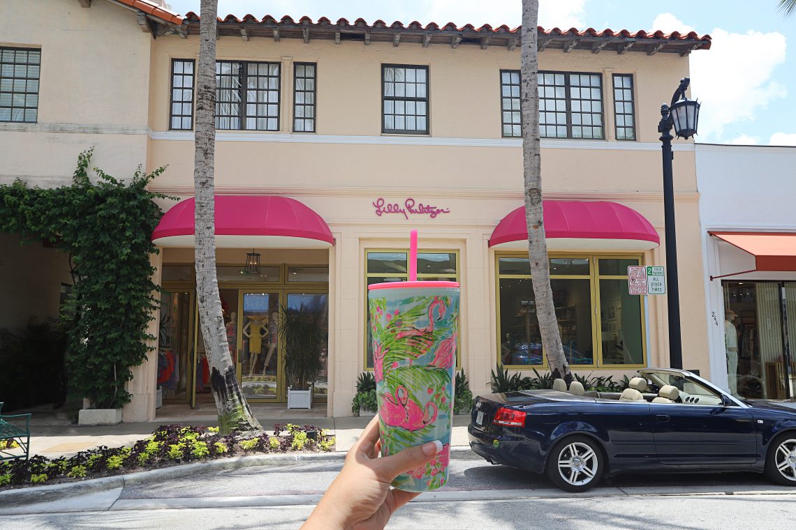 Lily Pulitzer beverage tumbler in front of the Lily Pulitzer flagship store in West Palm Beach, Florida